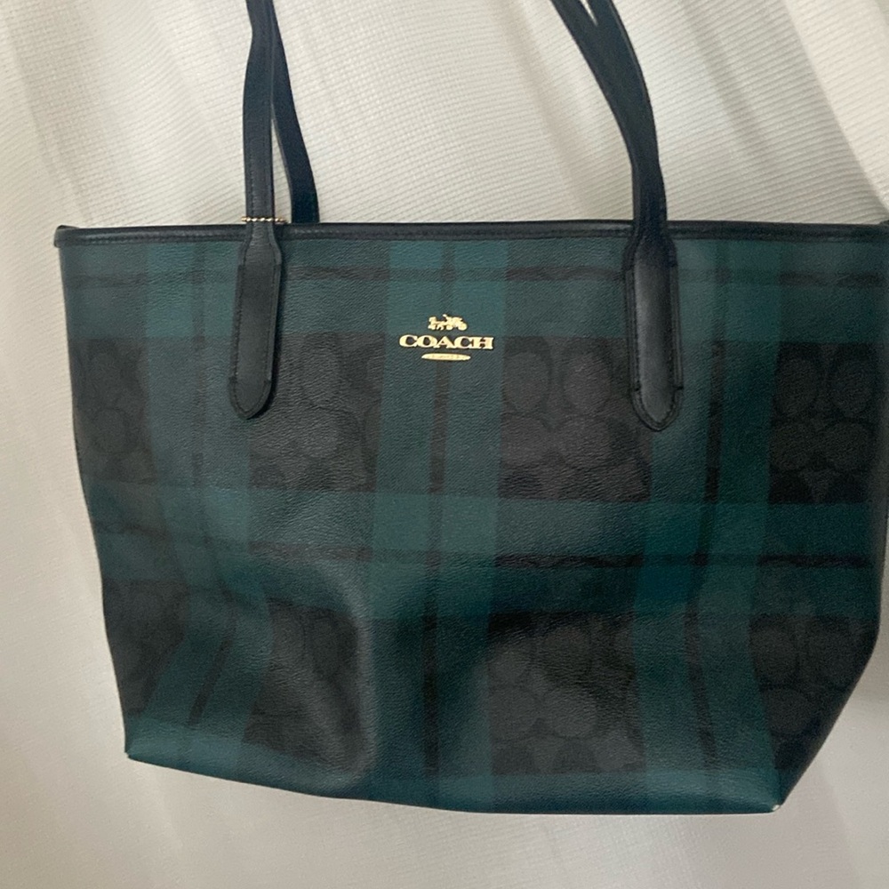 Coach Zip Top Signature Canvas Plaid Print in Deep Green & Black